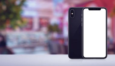 Akıllı telefon iphone X mockup ön ve arka yanları ofis alanı afiş içinde masaüzerinde kopya alanı ile benzer