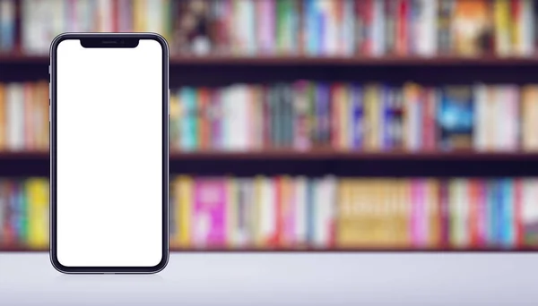 Smartphone mirip dengan iPhone X mockup depan dan belakang sisi di meja di toko buku banner dengan ruang fotokopi — Stok Foto