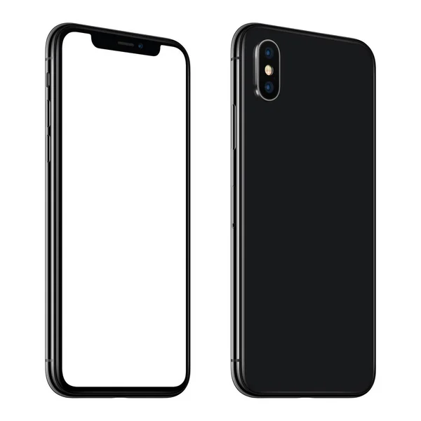 Nuevo smartphone negro similar al iPhone X mockup delantero y trasero CCW giró aislado sobre fondo blanco — Foto de Stock