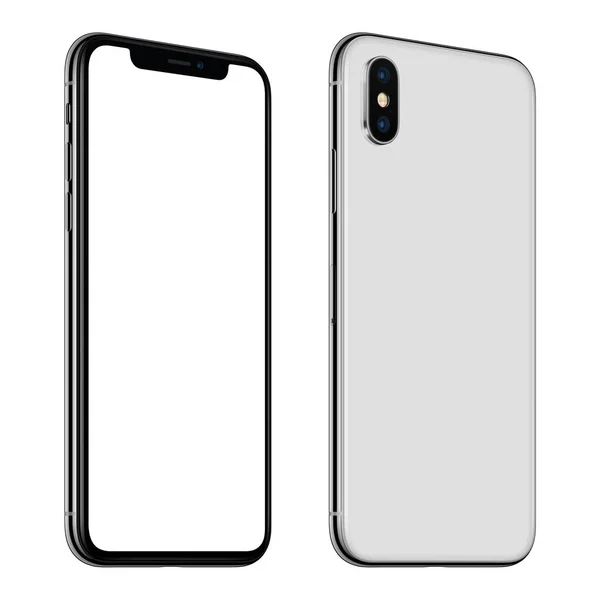 New white smartphone mockup similar to iPhone X front and back sides CCW rotated isolated on white background — Stock Photo, Image