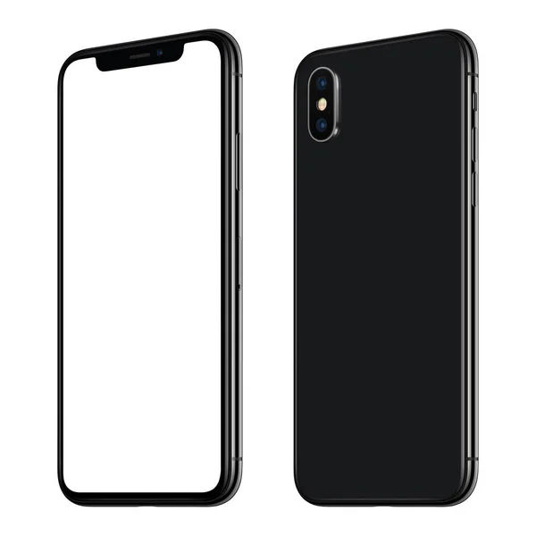 New black smartphone similar to iPhone X mockup front and back sides CW rotated isolated on white background — Stock Photo, Image