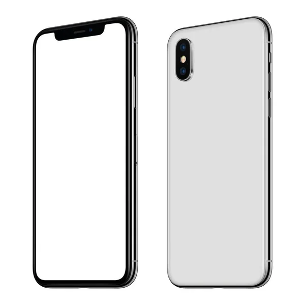 New white smartphone mockup similar to iPhone X front and back sides CW rotated isolated on white background — Stock Photo, Image