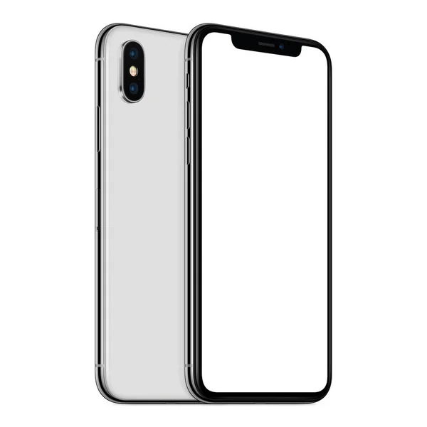 White rotated smartphones similar to iPhone X mockup front and back sides one above the other isolated on white background — Stockfoto