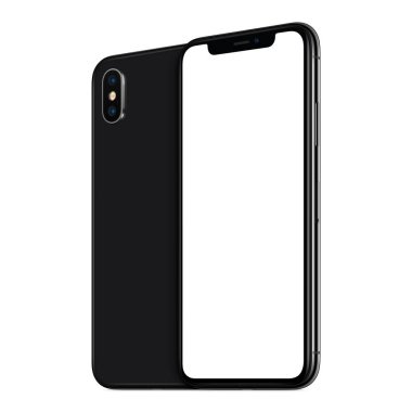 iphone X mockup ön ve arka yanları beyaz arka plan üzerinde izole diğer arkasında benzer siyah döndürülmüş akıllı telefonlar