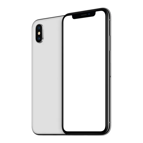 White rotated smartphones mockup similar to iPhone X front and back sides one behind the other isolated on white background — Stock Photo, Image