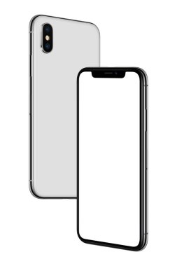Havada yükselen mockup iphone X ön ve arka yanları benzer beyaz akıllı telefonlar birbirlerine doğru döndü