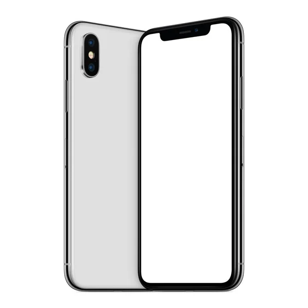 White turned smartphones similar to iPhone X mockup front and back sides facing each other — стокове фото