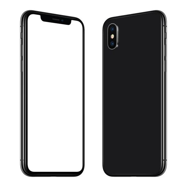 New black smartphone mockup similar to iPhone X front and back sides rotated and facing each other — Stock Photo, Image