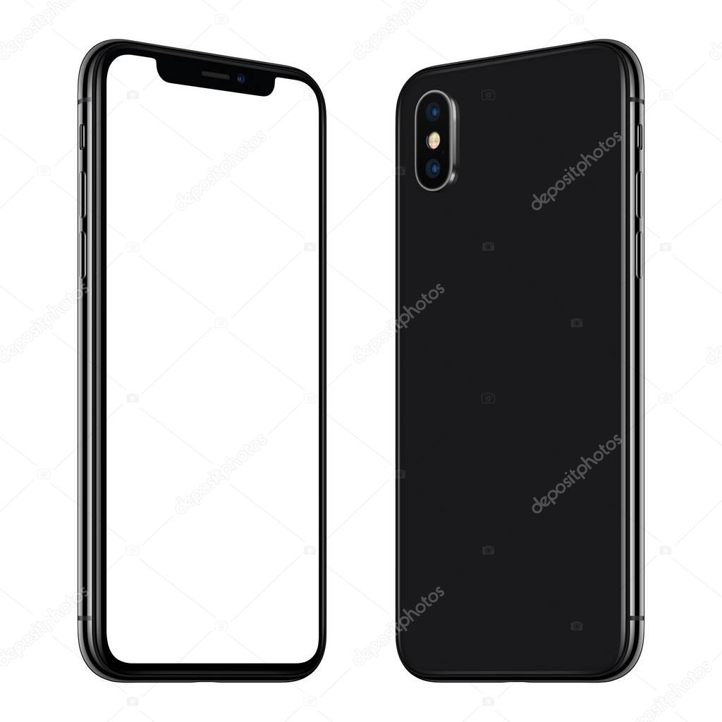 New black smartphone mockup similar to iPhone X front and back sides rotated and facing each other