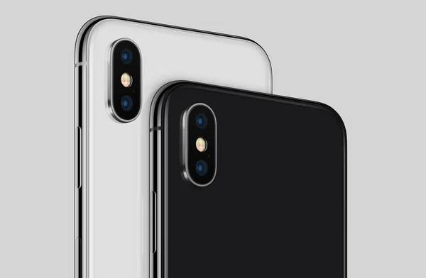 Primer plano blanco y negro teléfono inteligente girado similar a los lados traseros del iPhone X con módulos de cámara recortados —  Fotos de Stock