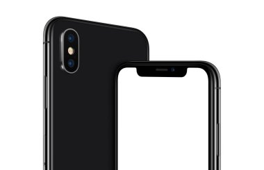 Döndürülmüş siyah akıllı telefon maketi iphone X'e benzer ön ve arka kenarlar kırpılmış
