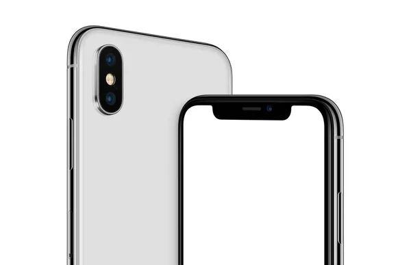 Smartphone blanco girado similar al iPhone X mockup frontal y trasero recortado —  Fotos de Stock
