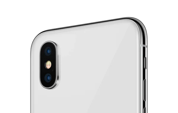 White rotated smartphone similar to iPhone X back side close up with camera module isolated on white background — Stock Photo, Image