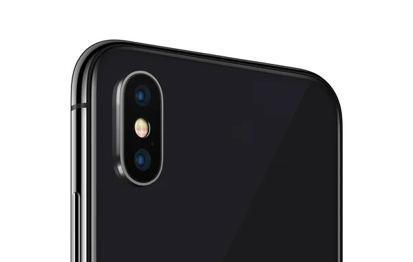 Black rotated smartphone similar to iPhone X back side close up with camera module isolated on white background — Stock Photo, Image