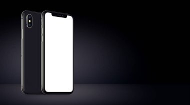 Kopyalama alanı ile siyah arka plan afiş üzerinde iphone X mockup ön ve arka yanlar benzer siyah döndürülmüş akıllı telefonlar