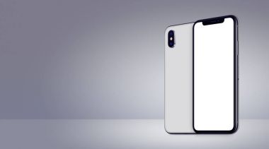 White rotated smartphones mockup similar to iPhone X front and back sides on gray background banner with copy space