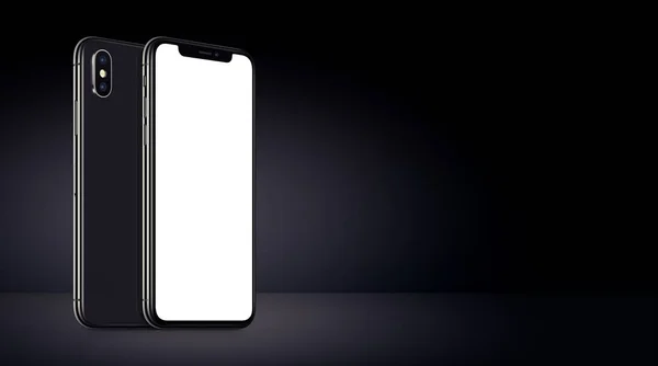 Smartphones rotatifs noirs similaires à iPhone X maquette face avant et arrière sur fond noir bannière avec espace de copie — Photo