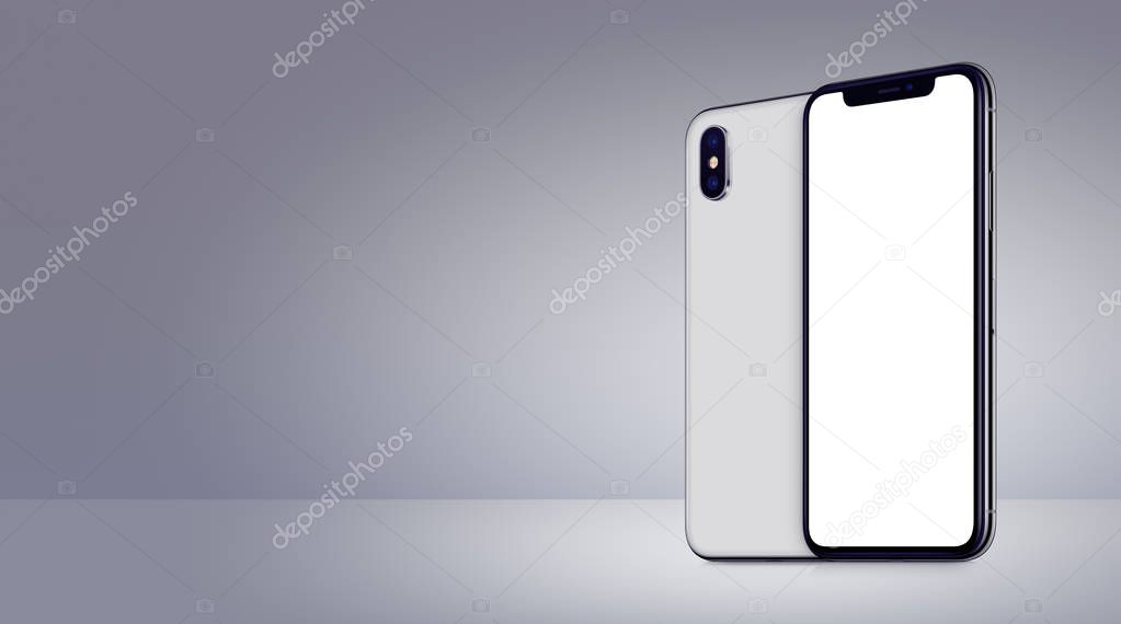 White rotated smartphones mockup similar to iPhone X front and back sides on gray background banner with copy space