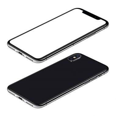 Siyah akıllı telefon benzer iphone X mockup ön ve arka tarafı izometrik görünümü Cw döndürülmüş yüzeyde yatıyor