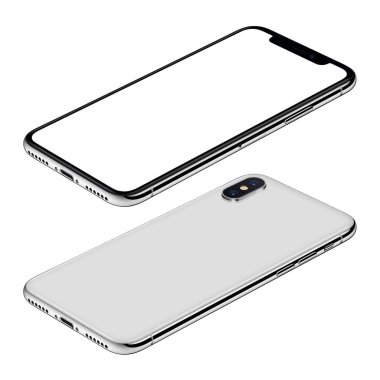 iPhone X benzeri beyaz akıllı telefon ön ve arka taraf izometrik görünüm CW yüzeyde döner