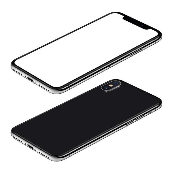 Black smartphone similar to iPhone X mockup front and back sides isometric view CW rotated lies on surface — Stock Photo, Image