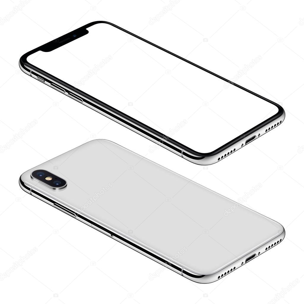 White smartphone similar to iPhone X mockup front and back sides isometric view CCW rotated lies on surface