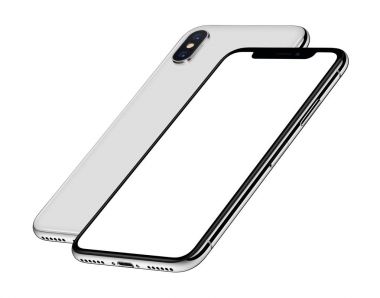 White isometric smartphones mockup front and back sides one behind the other similar to iPhone X