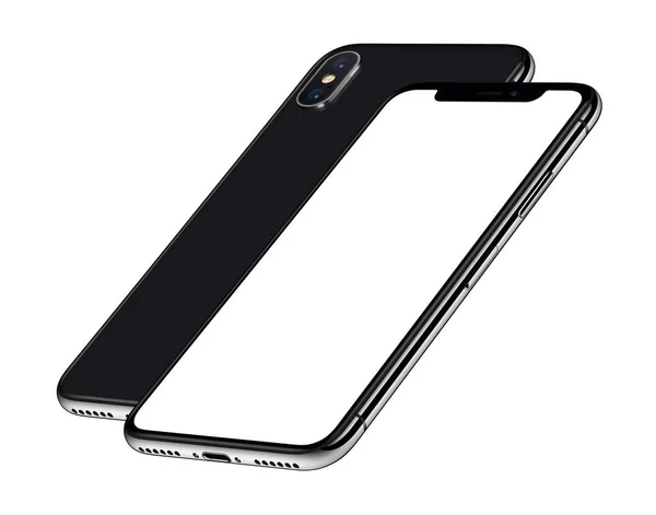 Svart isometrisk smartphones utkast fram och baksidorna en bakom den andra liknar iPhone X — Stockfoto