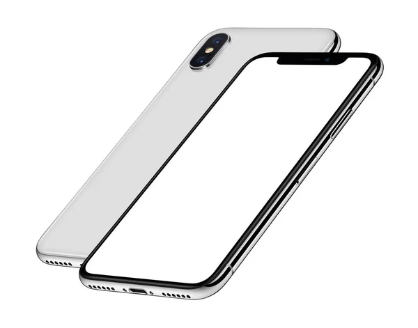 Белые изометрические смартфоны макет передней и задней стороны один за другим, как iPhone X — стоковое фото