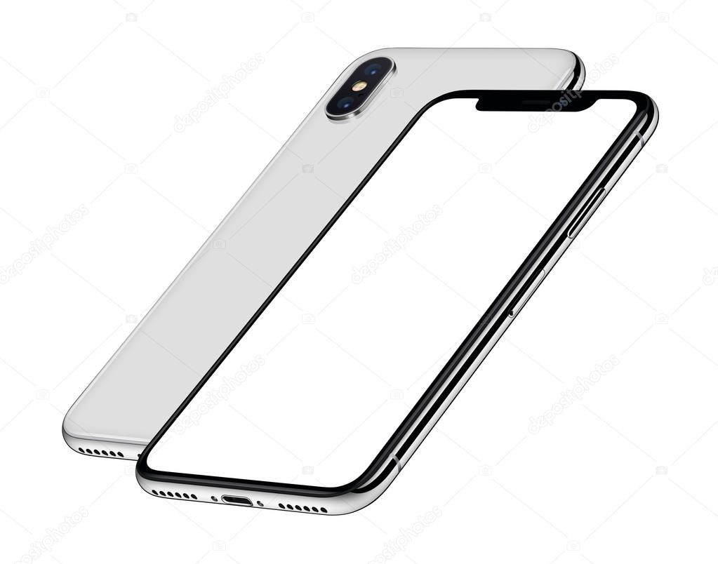 Isometric Smartphones Similar To Iphone X Mockup Front And Back Side One Behind The Other New Modern White Frameless Smartphones With Blank White Screen And Back Side Isolated On White Background