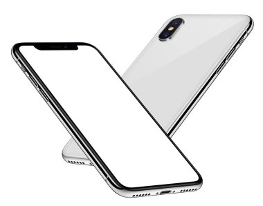 Beyaz akıllı telefonlar, iPhone X 'e benzer şekilde arka tarafta beyaz ekran ile havada süzülüyor.