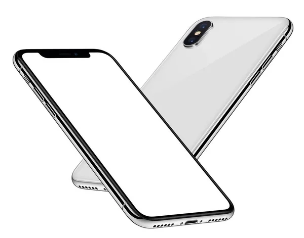 Smartphones blancos maqueta similar al iPhone X volando en el lado posterior del aire detrás de la parte frontal con pantalla blanca —  Fotos de Stock