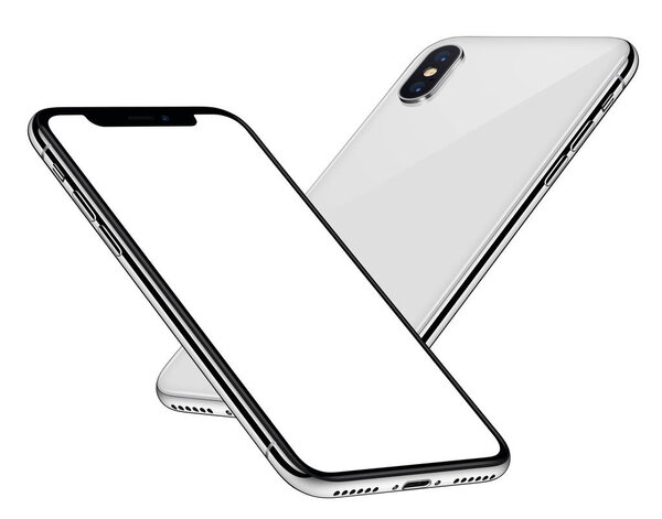 White smartphones mockup similar to iPhone X soaring in the air back side behind front side with white screen