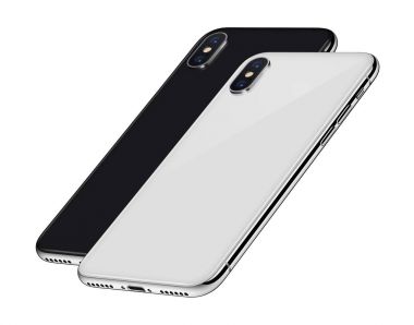 Siyah ve beyaz iphone X'e benzer siyah ve beyaz İzometrik akıllı telefonlar arka tarafta kamera modülleri ile birbiri ardışık