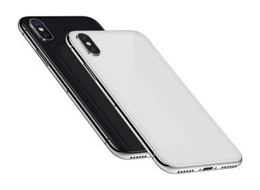 Siyah ve beyaz İzometrik akıllı telefonlar iphone X'e benzer arka yüzler ile kamera modülleri birbiri üst