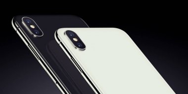 Iphone X'e benzer siyah ve beyaz İzometrik akıllı telefonları kamera modülleri kırpılmış arka kenarlara yakınlaşın