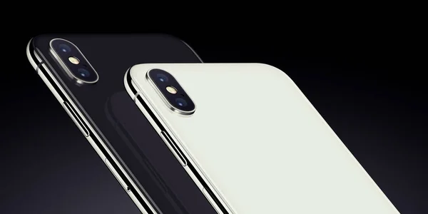 Cierre los teléfonos inteligentes isométricos en blanco y negro similares a los lados traseros del iPhone X con módulos de cámara recortados —  Fotos de Stock