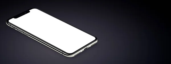 Izometrický černý smartphone podobný iPhone X modelem leží na tmavém povrchovém proužku s prostorem pro kopírování — Stock fotografie