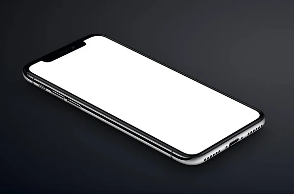 IPhone X. Vista perspectiva isométrica negro similar a la maqueta del teléfono inteligente iPhone X se encuentra en la superficie oscura — Foto de Stock