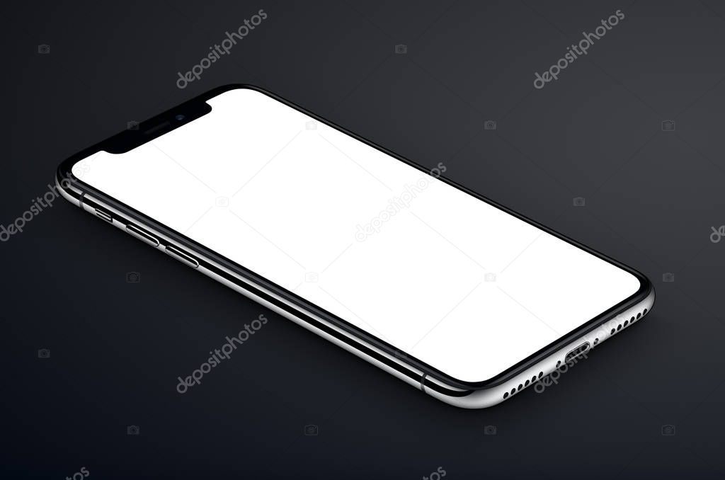 iPhone X. Perspective view isometric black similar to iPhone X smartphone mockup lies on dark surface