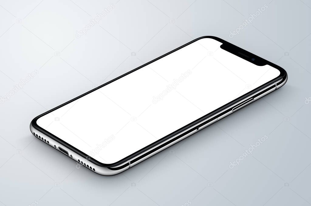 iPhone X. Perspective view isometric white similar to iPhone X smartphone mockup lies on gray surface
