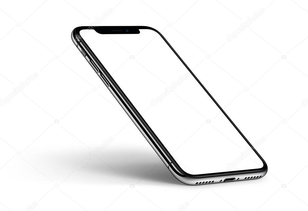 iPhone X. Perspective smartphone mockup with shadow CCW rotated on white background