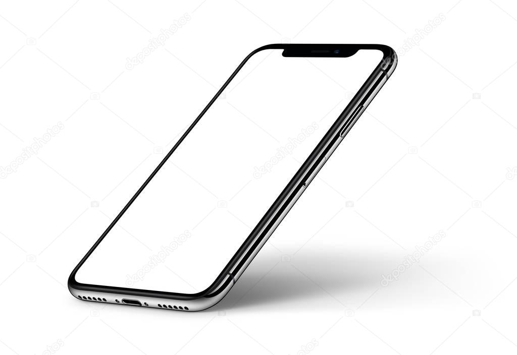 iPhone X. Perspective smartphone mockup with shadow CW rotated on white background