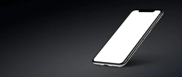 IPhone X. Perspective smartphone mockup with shadow on dark background banner with copyspace — Stock Photo, Image