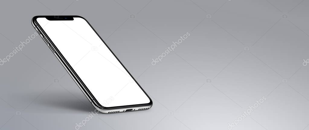 iPhone 10. Perspective smartphone mockup with shadow on gray background banner with copyspace