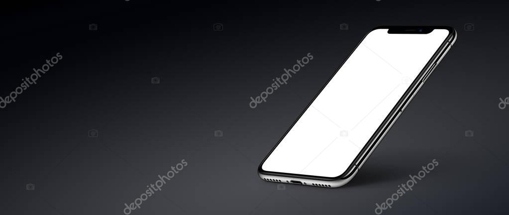 iPhone X. Perspective smartphone mockup with shadow on dark background banner with copyspace
