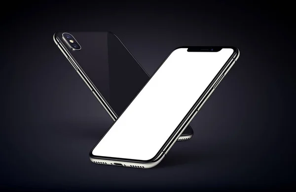 Similar a iPhone X perspectiva smartphones mockup parte posterior y frontal con pantalla blanca sobre fondo oscuro —  Fotos de Stock