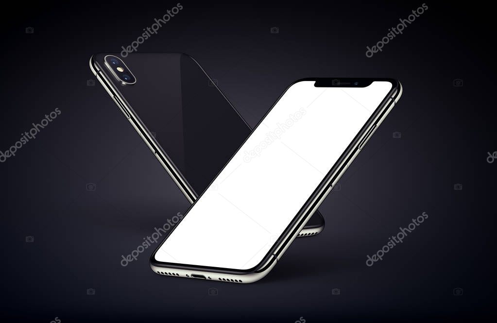 Similar to iPhone X perspective smartphones mockup back side and front side with white screen on dark background