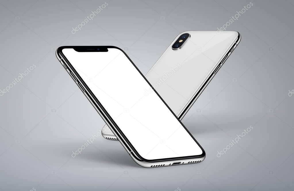 Perspective smartphones similar to iPhone X mockup back side and front side with white screen on light background