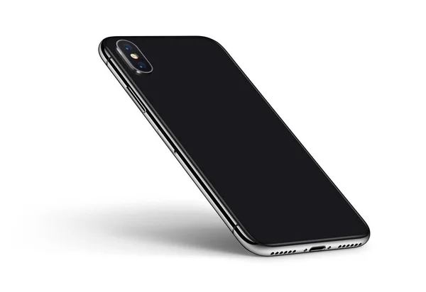 Smartphone prospettiva simile a iPhone X lato posteriore con ombra CCW ruotato su sfondo bianco — Foto Stock